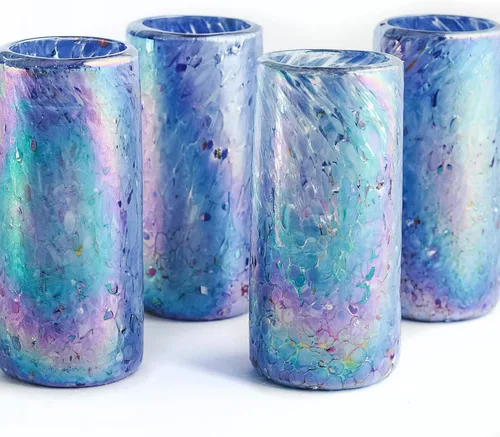 Miniatura 14 de Specialty - Vasos de tequila mexicanos, soplados a mano con color y textura únicos, juego de 4 piezas (borde azul)