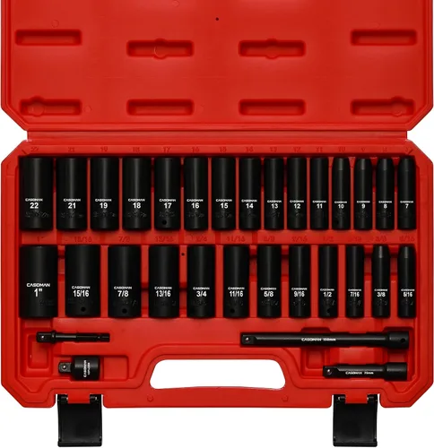 Miniatura 8 de CASOMAN Juego de llaves de impacto de 1/2", 25 piezas, profundo, acero Cr-V, 6 puntas, métrico y SAE, 12mm a 24mm, 3/8 pulg. a 1 pulg., incluye