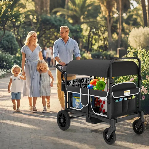 Miniatura 9 de TOLEAD Cochecito para 4 niños, plegable de 4 asientos para exteriores con toldo, manubrio ajustable, arnés de seguridad de 5 puntos, bandeja Negro