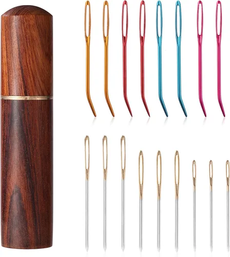 Miniatura 15 de Kit de 17 agujas de coser de ojo grande, agujas romas de acero inoxidable y agujas de tapiz dobladas, agujas de tapiz afiladas, agujas de tejer a