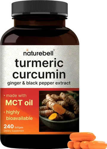 Suplemento de curcumina de cúrcuma con pimienta negra y jengibre, 95% curcuminoides, 240 cápsulas blandas con aceite MCT para una mejor absorción