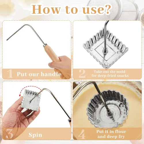 Miniatura 4 de Tessco - 12 moldes de hierro de roseta, molde Achappam Bunuelos de 6 formas con asa, máquina de rosetas de hierro de aluminio y asas de madera