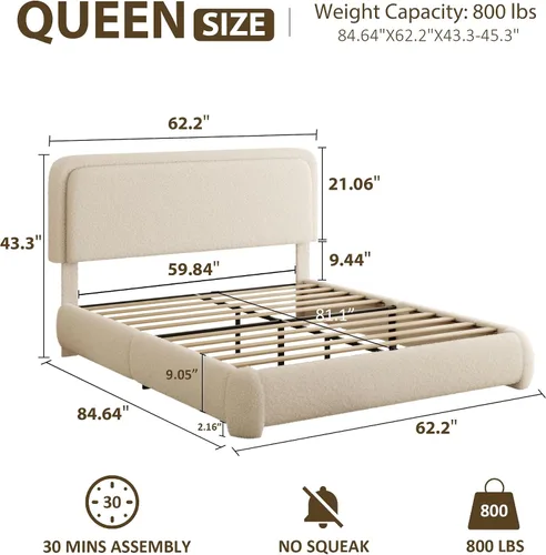 Miniatura 2 de Base de cama tamaño Queen, marco de cama de terciopelo Teddy Boucle con cabecera tapizada ajustable de 43.3"/45.3", esquinas redondeadas, base