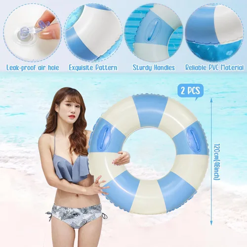 Miniatura 5 de Anillo de natación grande con asas para adultos, tubos interiores de piscina clásicos a rayas, flotadores inflables para adultos, flotadores