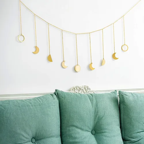 Miniatura 8 de Mkono Fase lunar para colgar en la pared, decoración bohemia estética de habitación, guirnalda de lunas de metal, arte colgante bohemio para Dorado