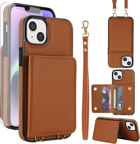 Funda de teléfono para iPhone 13 Mini de 5.4 pulgadas con protector de pantalla, correa cruzada para muñeca, bloqueo RFID, tarjetero de crédito