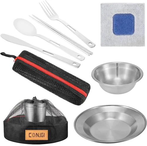 Miniatura 7 de Kit de desorden para acampar al aire libre: platos de campamento de 1 a 2 personas, incluye tazas, cuencos, platos, cuchillos, tenedores, cucharas