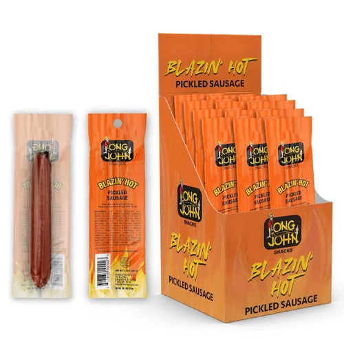 Long John Snacks Blazin' Salchicha en escabeche caliente – Palito de carne gourmet ahumada – Salchichas en escabeche caliente Bocadillo alto en