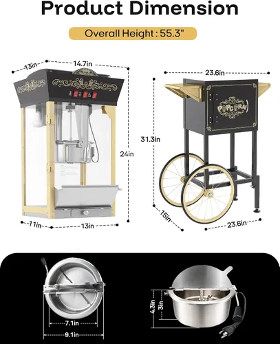 Miniatura 2 de Máquina de palomitas de maíz con carrito, máquina de palomitas retro de 12 onzas con plataforma de calentamiento, máquina de palomitas de maíz Negro