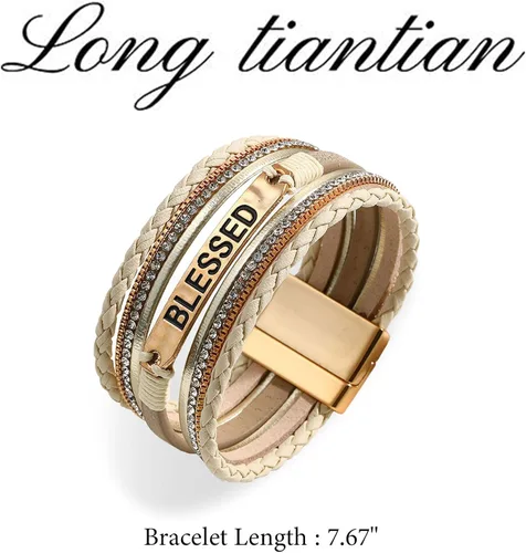 Miniatura 7 de Long tiantian Pulseras de cuero para mujer, pulsera de cuero personalizada con letras, estilo bohemio, multicapa, joyería