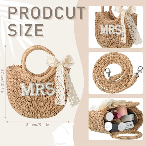 Miniatura 15 de Pinkunn Bolso de paja para novia, bolso tejido a mano, con parches de letras de diamantes de imitación, para despedida de soltera, luna de miel