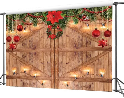 Miniatura 4 de Telón de fondo rústico de madera de granero de Navidad de 8 x 6 pies para fotografía de invierno, Navidad, puerta de madera rústica de granero