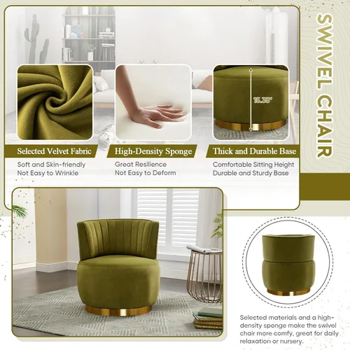 Miniatura 3 de Silla giratoria de terciopelo, moderna silla decorativa tapizada, silla redonda giratoria de 360° con base de metal dorado, cómoda silla de brazo