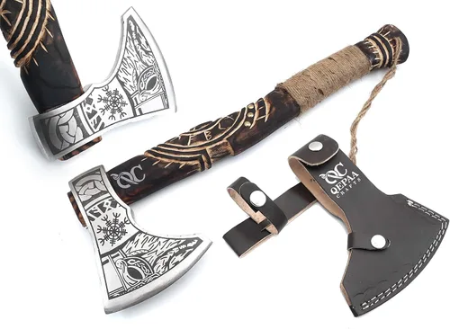 Hacha vikinga forjada a mano de 19 pulgadas, eje de madera de rosa, hacha barbuda de acero al carbono grabada para acampar, regalo vikingo para HACA