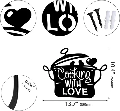 Miniatura 4 de Olla de cocina de metal negro de 14 x 11 pulgadas, decoración de pared para cocinar con amor, decoración de cocina, regalo encantador para pared