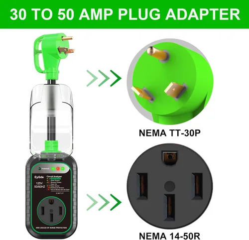 Miniatura 2 de EyGde Adaptador RV de 30 amperios a 50 amperios con protector de sobretensiones, NEMA TT-30P macho a enchufe hembra 14-50R, analizador de circuitos