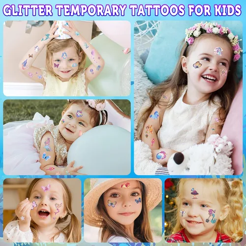 Miniatura 3 de Ozepao Tatuaje temporal con purpurina para niñas, 30 hojas de calcomanías de tatuaje de mariposa, sirena, unicornio para niños, tatuajes falsos