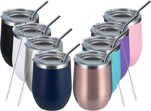 Miniatura 43 de MEWAY Vaso de vino sin tallo de 12 onzas con tapa, vaso de viaje de acero inoxidable con aislamiento de doble pared al vacío con popote, para Negro