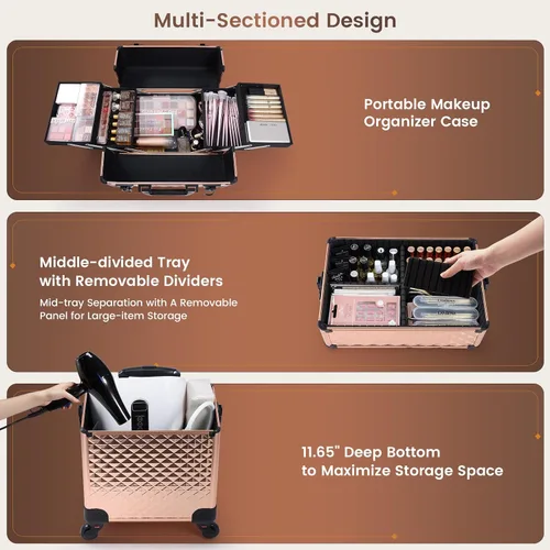 Miniatura 2 de FRENESSA - Estuche de maquillaje rodante 3 en 1, carrito cosmético profesional con gran almacenamiento para esteticistas, estilista de cabello, Oro