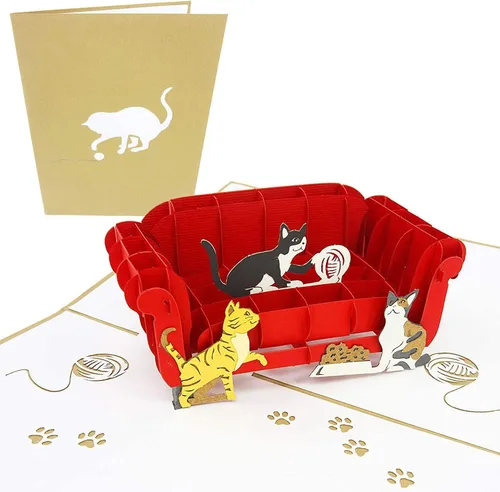 PopLife Tarjeta desplegable 3D de gatos jugando en el sofá, tarjeta de felicitación de papel para amantes de los gatos, día de la madre, cumpleaños,
