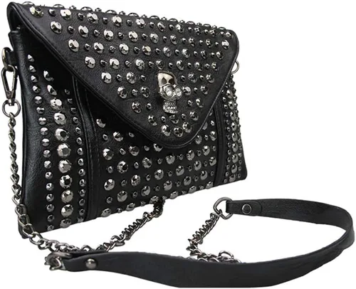 Miniatura 3 de Chikencall Bolso de mano de cuero con tachuelas de calavera punk negro con dos correas