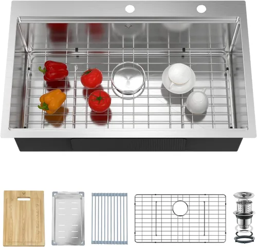 Miniatura 10 de Fregaderos de cocina 23x18 pulgadas Fregadero de cocina empotrado Fregadero de acero inoxidable 16 calibre Juegos de fregaderos de un solo tazón