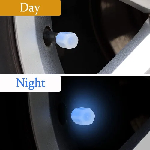 Miniatura 3 de deemars Tapones universales fluorescentes para válvulas de neumáticos de automóvil, 4 piezas, azul, ABS + material luminoso, compatible