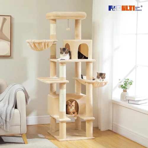 Miniatura 2 de PEQULTI Árbol para gatos de interior de 66 pulgadas, torre alta para gatos grandes con poste rascador, hamaca de metal súper grande y 2 condominios