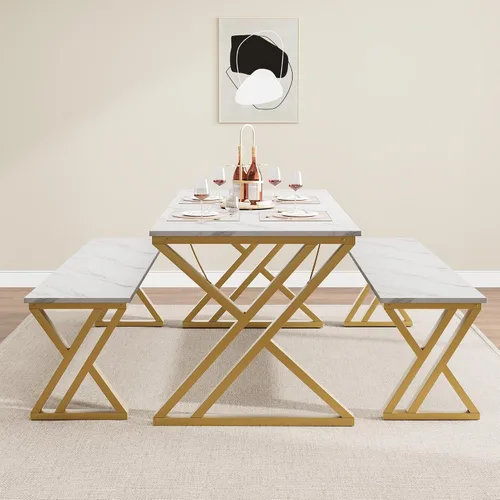 Miniatura 7 de GarveeHome Mesa de cocina con 2 bancos, juego de mesa de comedor para 4 personas con mesa de mármol sintético, juego de mesa de comedor que ahorra