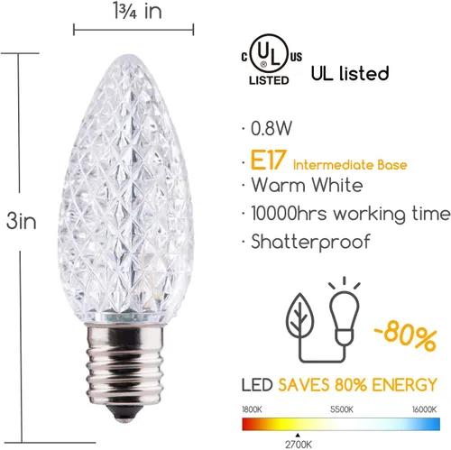 Miniatura 4 de Brightown Paquete de 25 bombillas LED C9 de repuesto para Navidad, bombillas LED C9 inastillables para cadena de luces de Navidad, base intermedia