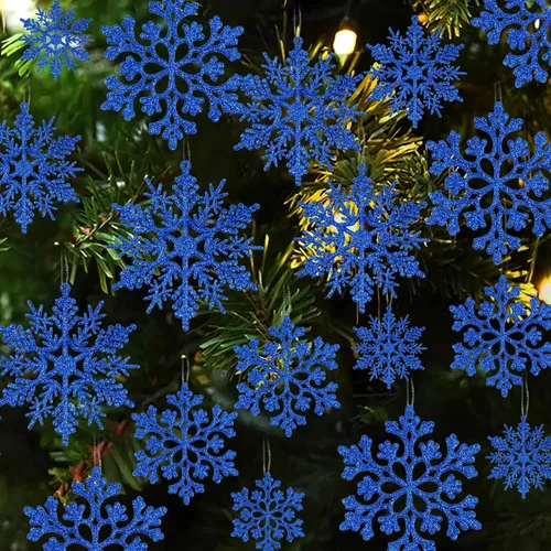 Miniatura 11 de Decoraciones para árbol de Navidad, adornos de copo de nieve, 36 piezas de copos de nieve colgantes de plástico con purpurina azul y plateado