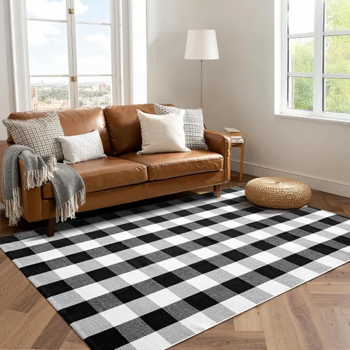 Miniatura 12 de joybest - Alfombra de felpudo tipo búfalo a cuadros de 27.5 x 43 pulgadas en negro y rojo; alfombra de algodón tejida a mano para puerta delantera