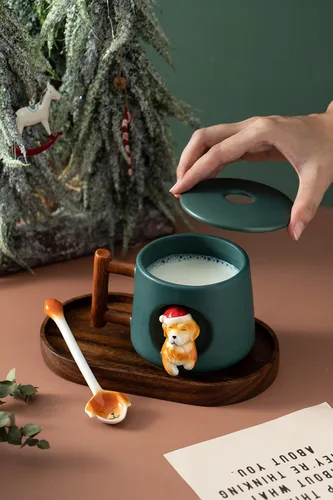 Miniatura 2 de DIHOclub Taza de café de cerámica con tapa y cuchara a juego, taza con patrón 3D Golden Retriever para té, leche y chocolate, bonita taza