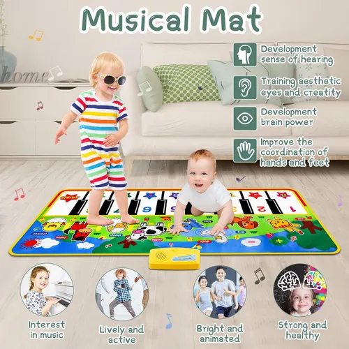 Miniatura 3 de M SANMERSEN Tapete de piano, 53'' x 23'' juguetes musicales para niños pequeños, tapete de juego táctil de piano de piso con 8 sonidos de animales