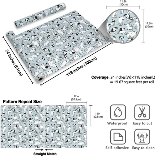 Miniatura 8 de CRE8TIVE Papel tapiz de 24 x 118 pulgadas para perros pequeños, papel tapiz de pelar y pegar, papel tapiz azul y blanco de animales de cachorro