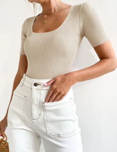 Miniatura 8 de ZESICA Camisetas de manga corta con cuello cuadrado para mujer, ajustadas, de verano, de punto acanalado, básicas, casuales