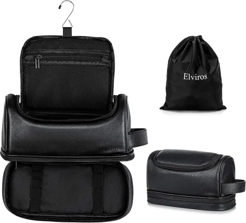Elviros - Neceser de aseo personal para hombre, organizador de viaje de cuero PU, con gancho para colgar, bolsas de afeitado para el baño de gran