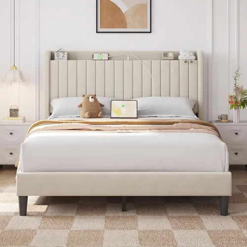 Yaheetech Base de cama tamaño Queen con estación de carga USB y estante de almacenamiento/plataforma de cabecera tapizada con lado de ala/soporte de