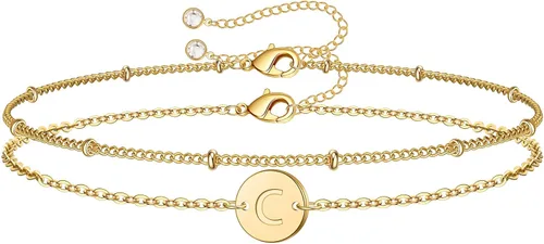 MONOZO - Pulseras con iniciales para mujeres y niñas, delicadas con cuentas de oro de 14 quilates, personalizadas, 26 letras del alfabeto,