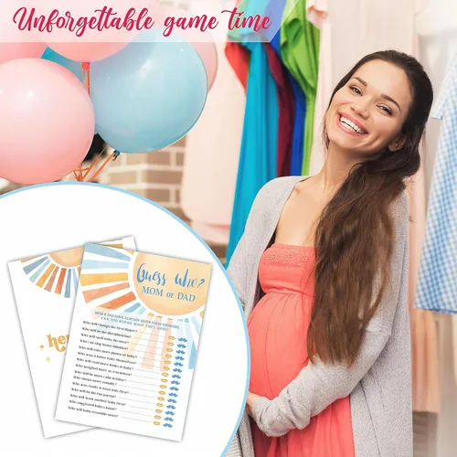 Miniatura 4 de Adivina quién mamá o papá - Juego de juego retro para baby shower con sol - Kit de juego de ducha para baby shower, revelación de género, fiesta