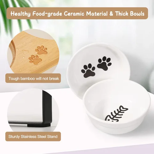 Miniatura 4 de Cuencos elevados de cerámica para gatos con inclinación de 10°, antivómitos y bigotes, cuencos para alimentos y agua con soporte de bambú