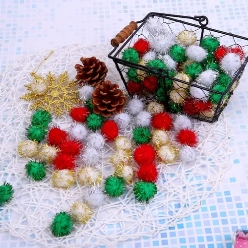 Miniatura 5 de Cooraby 200 pompones de Navidad con purpurina de colores surtidos (0.59 pulgadas)