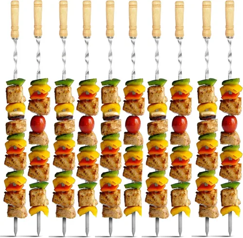 Miniatura 2 de Paquete de 12 pinchos Kabob 22 pulgadas, pinchos de barbacoa de acero inoxidable, resistentes, grandes, reutilizables con asa de madera