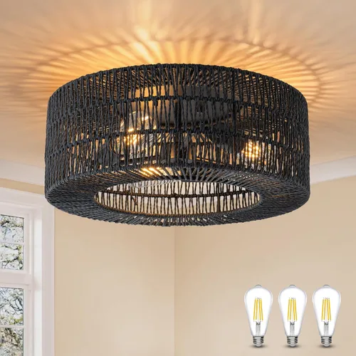 Miniatura 12 de SineRise Lámparas de techo de ratán (30 cm, bombilla LED incluida), lámpara de techo de montaje empotrado tejida a mano estilo bohemio, lámpara