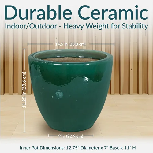 Miniatura 5 de Sunnydaze - Maceta grande de cerámica esmaltada para exteriores, maceta redonda de cerámica esmaltada con drenaje, centro turístico, verde oscuro