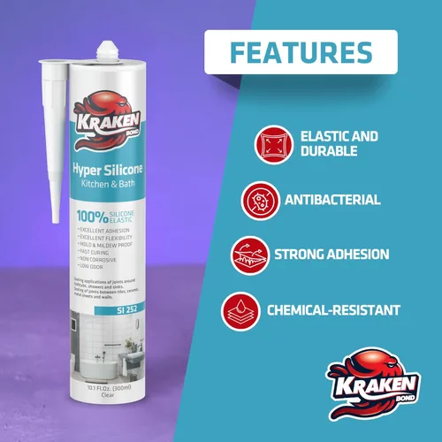 Miniatura 3 de Kraken Bond Sellador de calafateo Hyper Clear (1 x 10.1 onzas líquidas) de curado rápido, 100% silicona neutra para cocina y baño, bañera, ducha