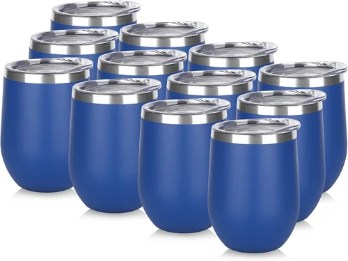 DOMICARE - Juego de 12 vasos de vino de 12 onzas con tapa, hechos de acero inoxidable con aislamiento al vacío de doble pared, color azul oscuro