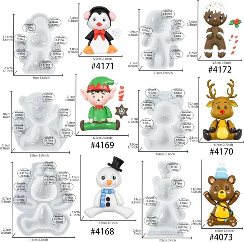 Miniatura 2 de FUNSHOWCASE Moldes de silicona de Navidad, pingüino, reno, muñeco de nieve, hombre de jengibre, Papá Noel, elfo, oso, altura de 3 a 4 pulgadas