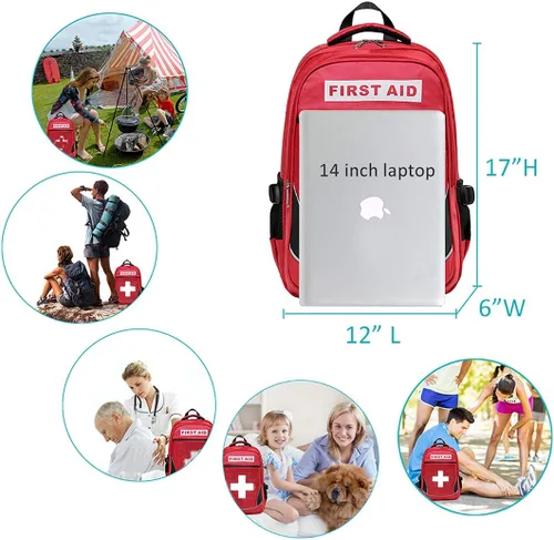 Miniatura 5 de Bolsa de primeros auxilios vacía roja bolsa médica de emergencia para primeros auxilios, mochilas de trauma con múltiples bolsillos para viajes, rojo