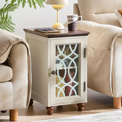 Joaxswe Mesa auxiliar estrecha con puerta de cristal, mesita de noche de 18 x 14 pulgadas con estante ajustable, organizador de gabinete de